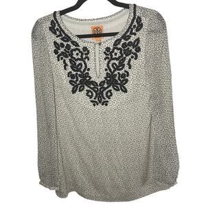Tory Burch Women's Silk Blend Black White Patterned Lace Trim Blouse Size 2